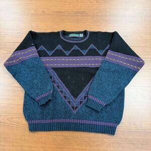 VTG 80s 90s new-crew Black Purple Teal Geometric Pattern Sweater Mens M USA
